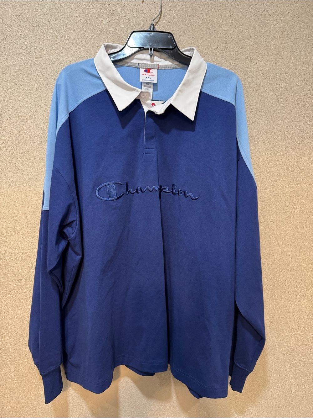 Champion Navy and Light Blue Long Sleeve Rugby Polo with White Collar